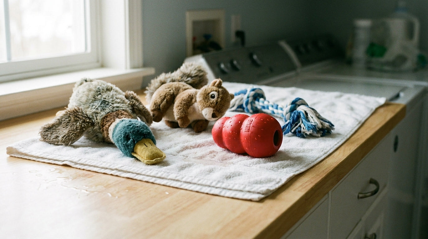 Two plush toys, a red rubber chew toy, and a blue and white rope tug drying on a white towel on a wood counter