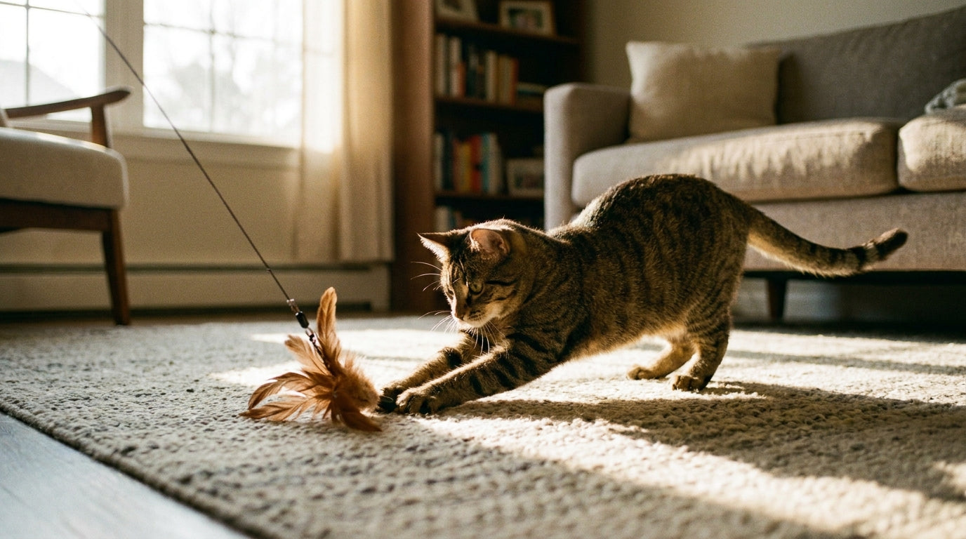 A tabby cat stretched low mid-pounce on a rug reaching for a brown feather wand toy on the floor