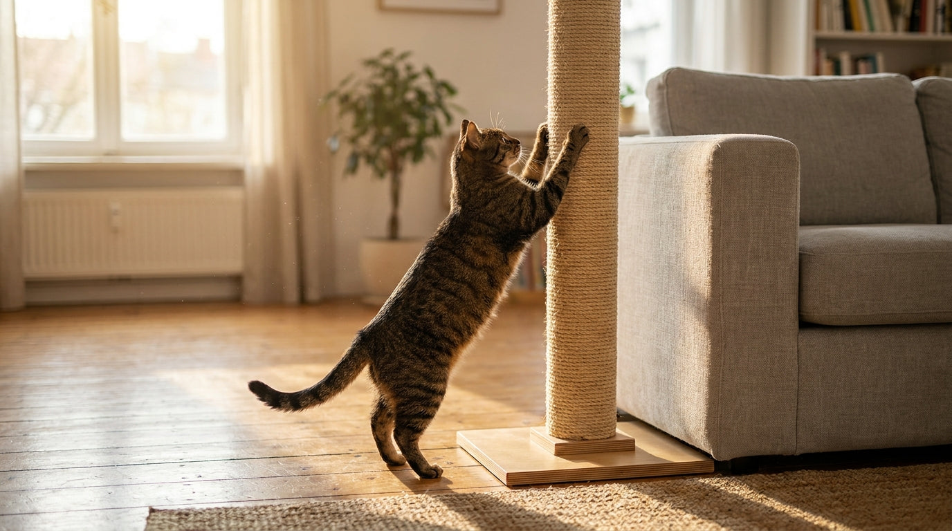 A tall sisal scratching post placed against the arm of a gray sofa while a tabby cat stretches up to scratch it