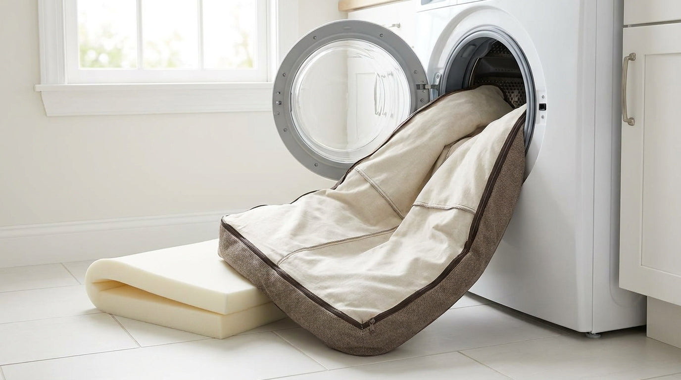 A dog bed cover at the open door of a washing machine beside a foam bed insert resting on a laundry room floor.