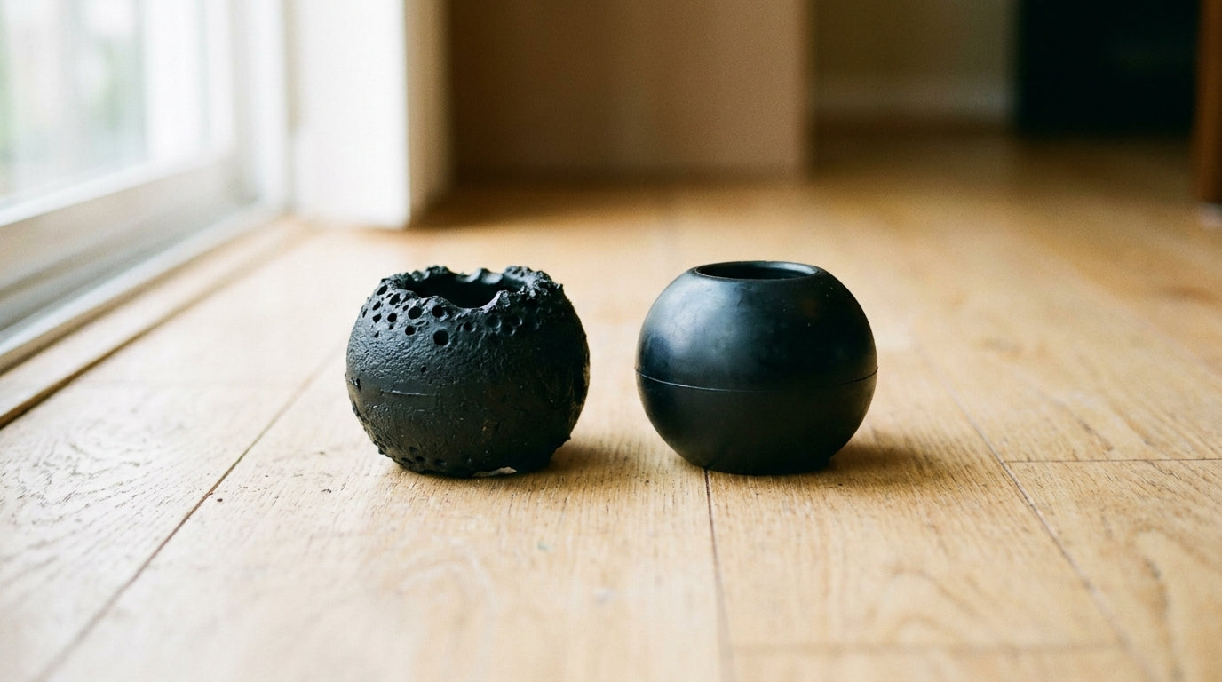 A worn, chewed black rubber dog toy on a light wood floor beside an identical undamaged one