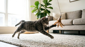 Grey tabby cat leaping off a rug with front paws reaching for a brown feather lure on a string
