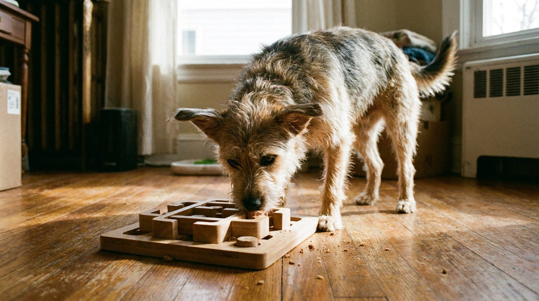 A dog engaging with an interactive treat puzzle toy