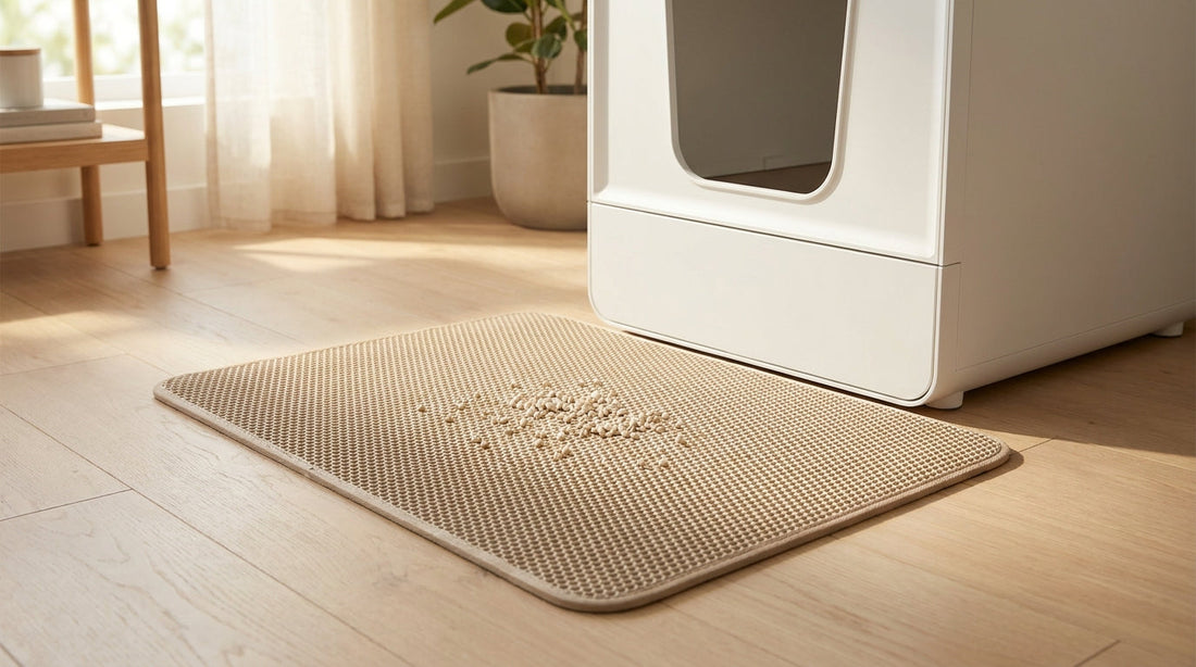 A textured litter mat in front of an enclosed litter box with a few scattered litter granules on a clean wood floor