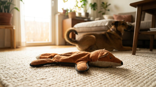 A long flat unstuffed plush fox toy lying limp on a living room rug with a brown dog resting behind it