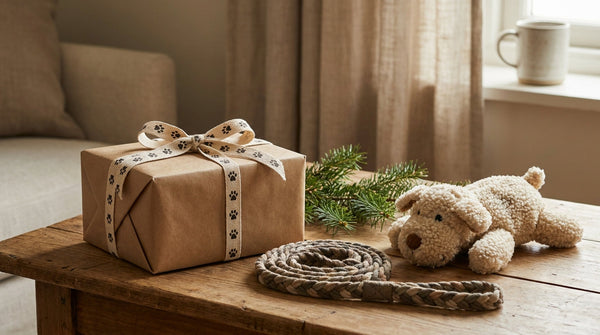 A wrapped gift box with a paw-print ribbon beside a coiled leash and a plush dog toy on a wooden table