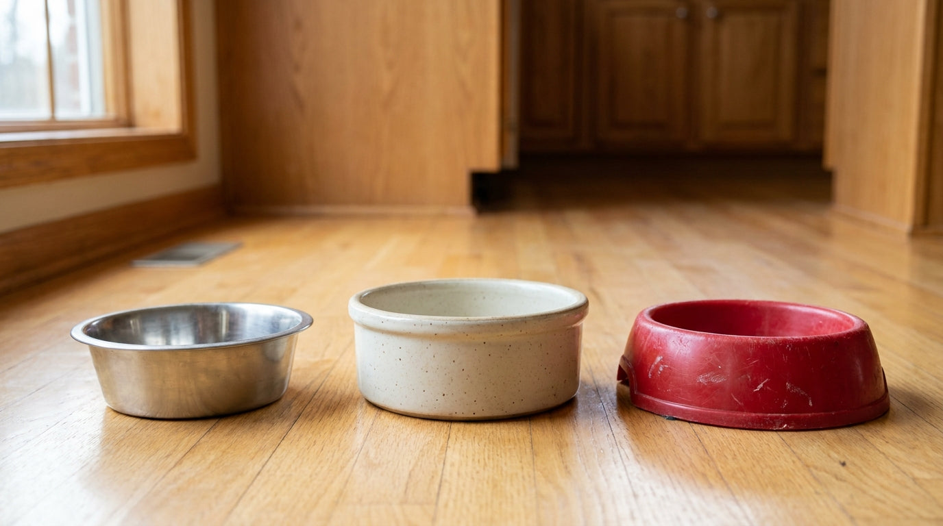 Three empty dog bowls side by side on a wood floor: a plain steel bowl, a cream ceramic bowl, and a scratched red plastic bowl