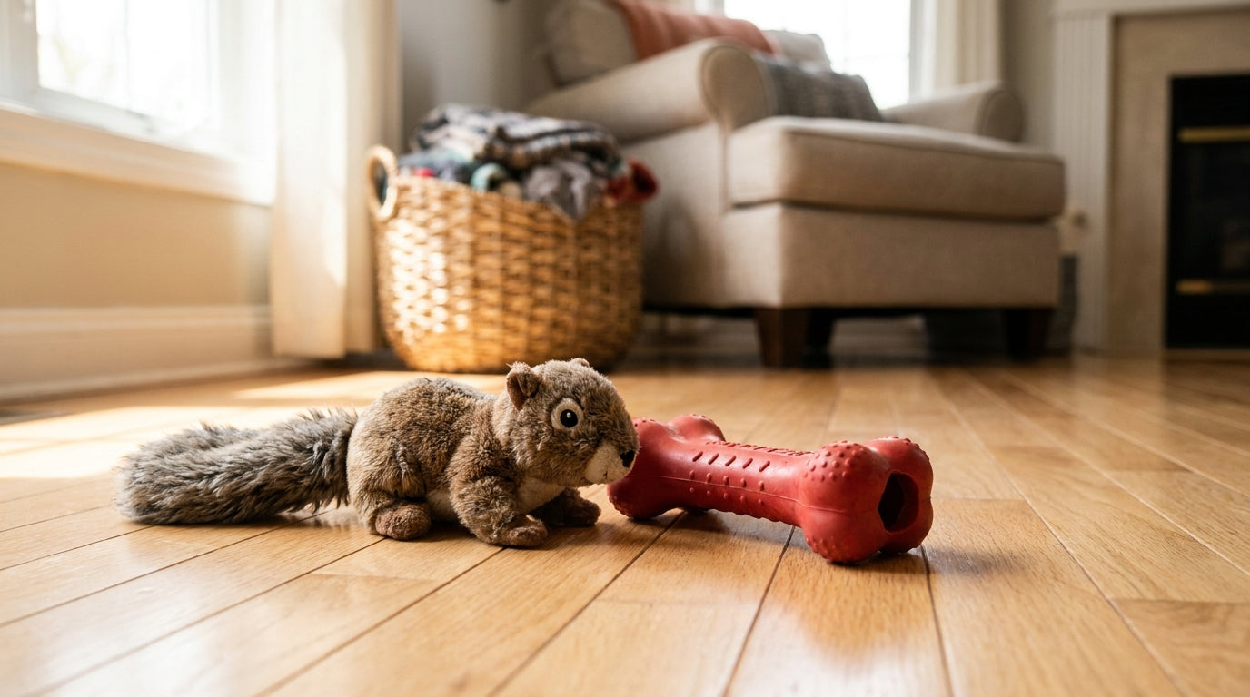 A plush squirrel toy and a red rubber chew toy sitting side by side on a hardwood floor
