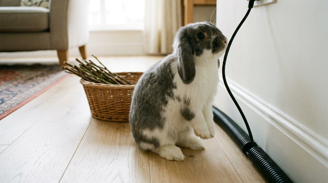 A grey and white lop-eared rabbit sitting on a wood floor next to a white baseboard where a power cord runs inside a black plastic cord tube