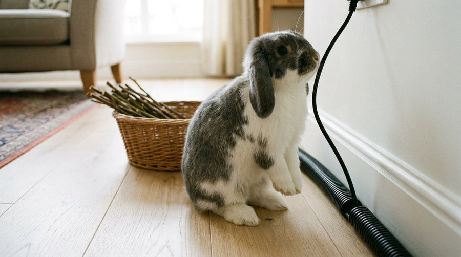 A grey and white lop-eared rabbit sitting on a wood floor next to a white baseboard where a power cord runs inside a black plastic cord tube