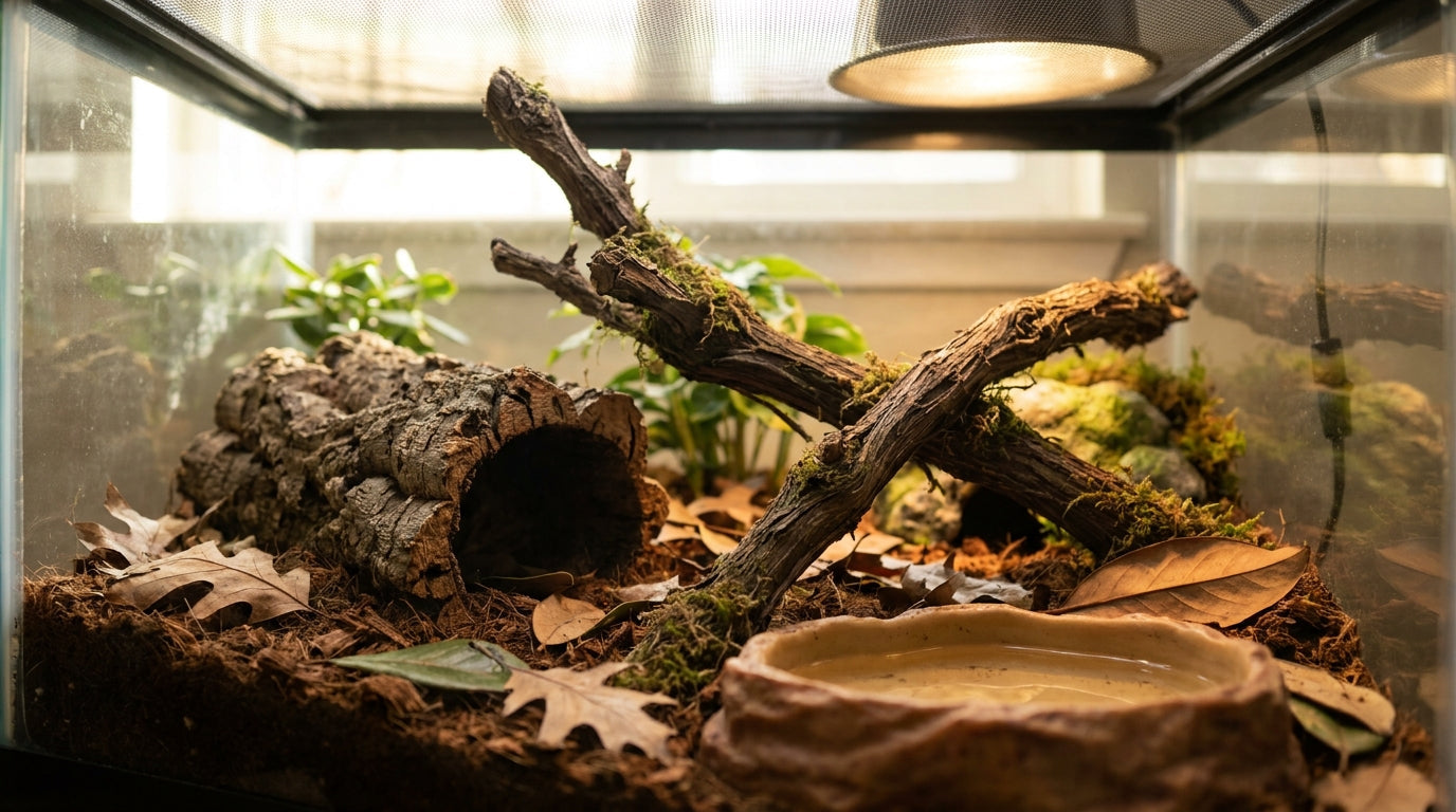 Naturalistic terrarium with a cork bark hide, climbing branch, and water dish under warm basking light