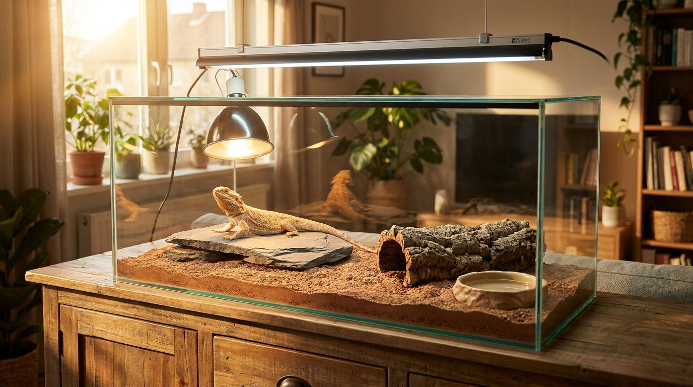 A well-equipped desert terrarium with a basking lamp, UVB fixture, hide, and water dish lit by warm afternoon light