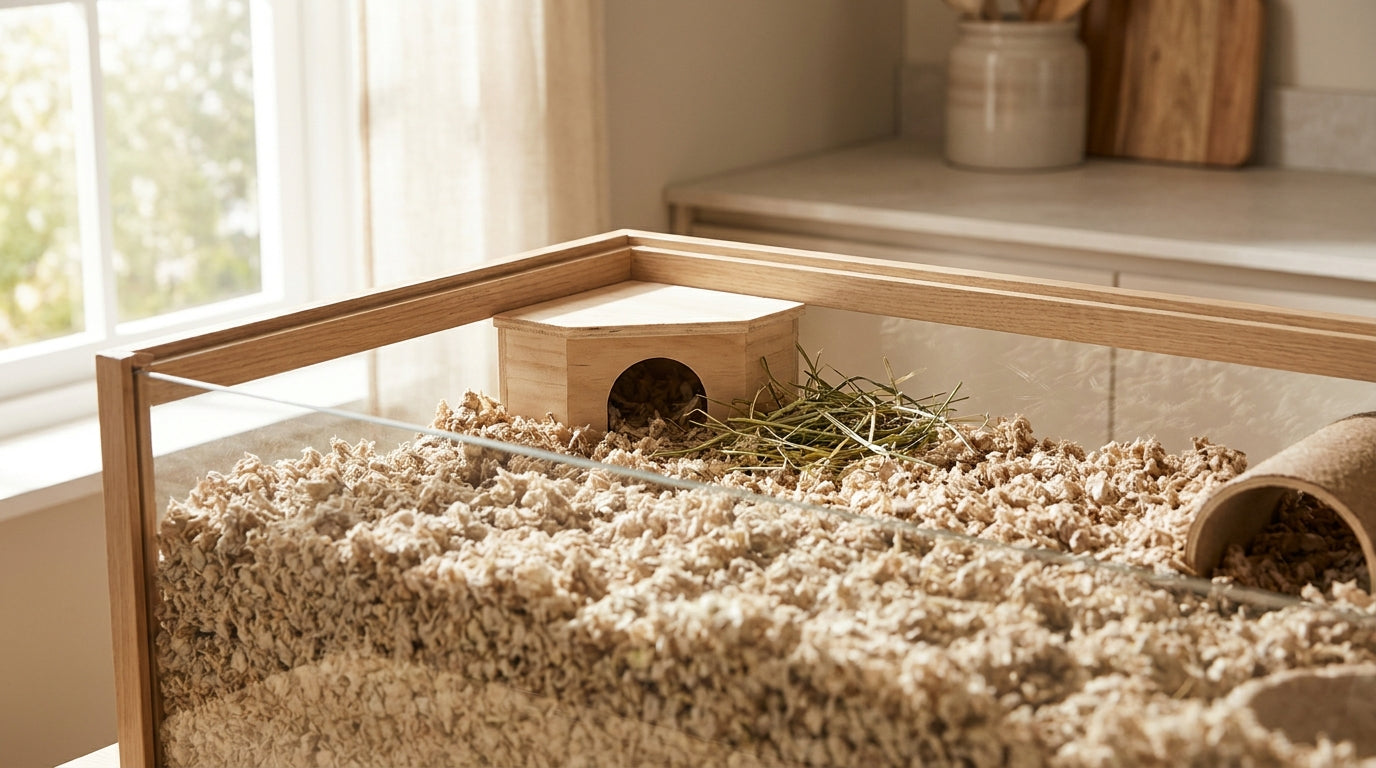 A deep layer of soft paper-based bedding filling the base of a clean small pet habitat