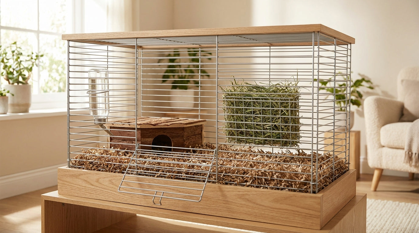 A spacious modern small-animal cage with a wooden hideout, water bottle, and full hay rack on a solid floor