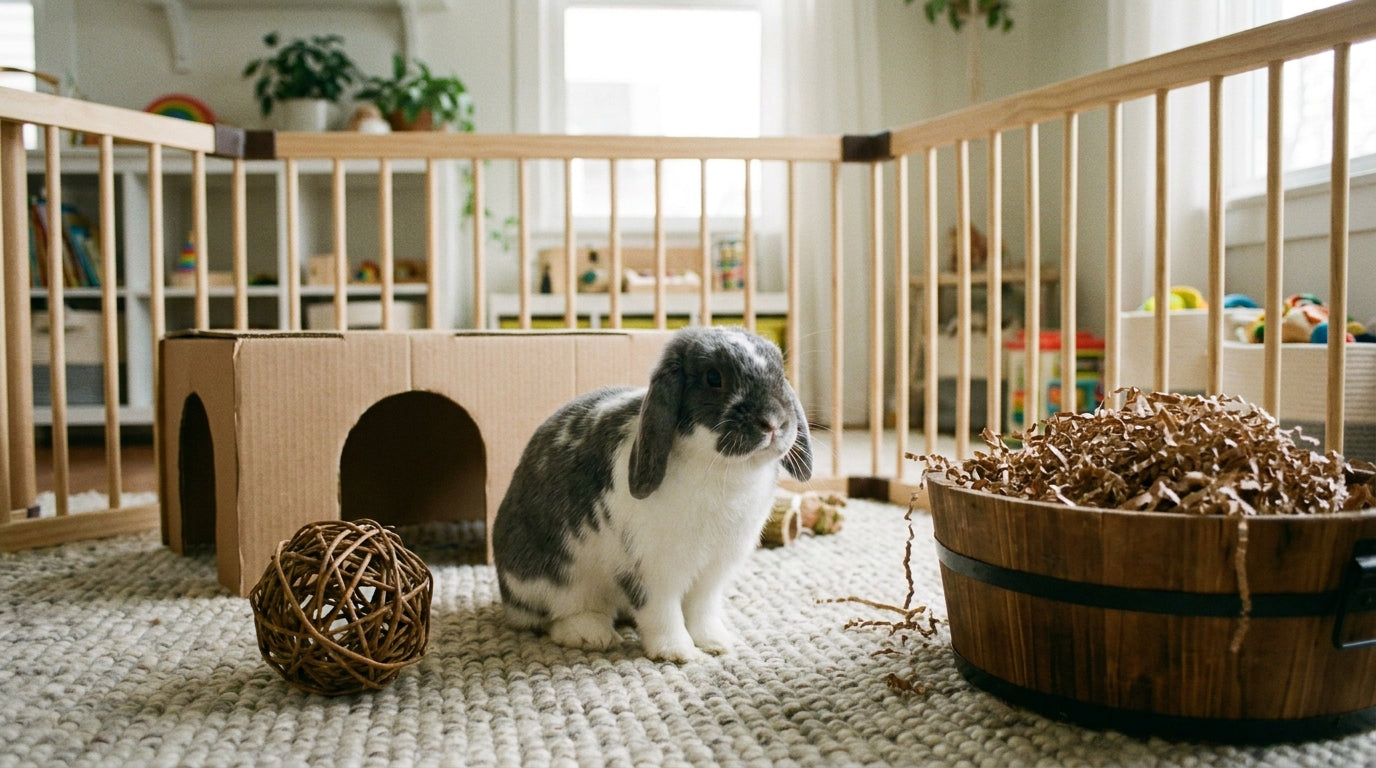 Grey and white rabbit inside a pen surrounded by a willow ball, a cardboard tunnel, and a tub of shredded paper