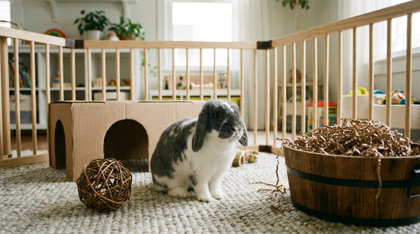 Grey and white rabbit inside a pen surrounded by a willow ball, a cardboard tunnel, and a tub of shredded paper
