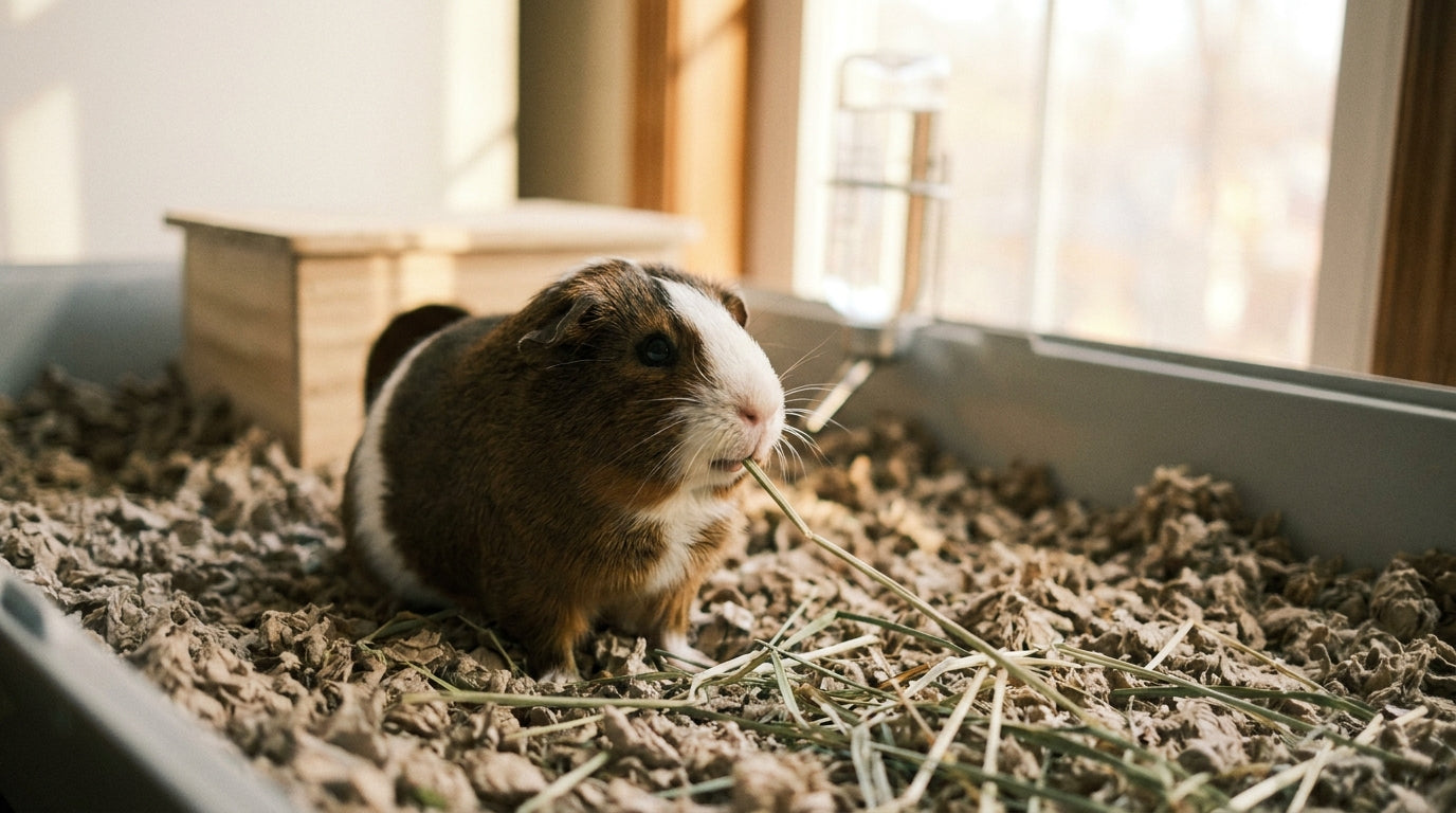 Brown and white guinea pig nibbling hay inside a habitat lined with paper bedding, a hideout and water bottle nearby