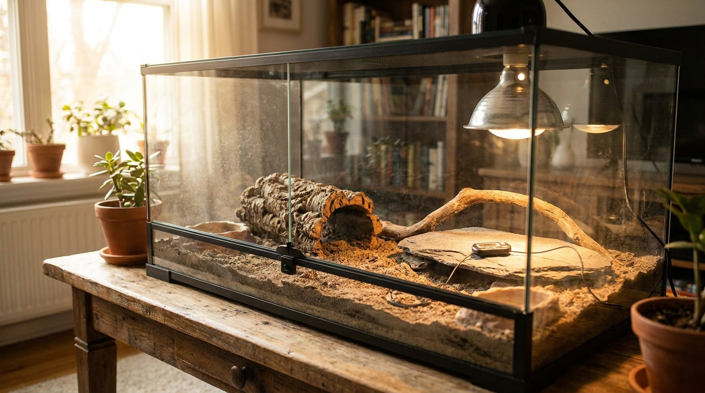 A planted glass terrarium lit by a basking lamp, with a branch, a cork hide and a digital thermometer probe on the warm side