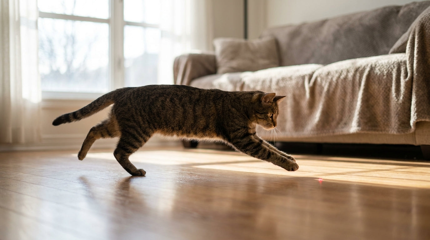 Tabby cat sprinting low across a wood floor chasing a small red dot of light