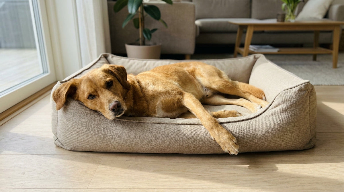 A medium-sized dog lying fully stretched out on a rectangular bed with room to spare at the edges