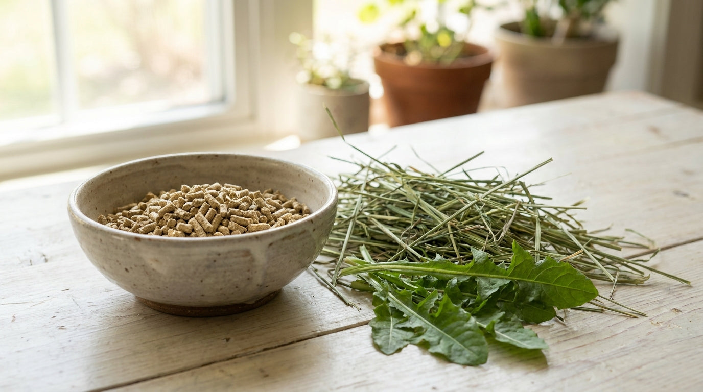 A bowl of small-animal pellets beside a pile of fresh timothy hay and leafy greens on a wooden surface