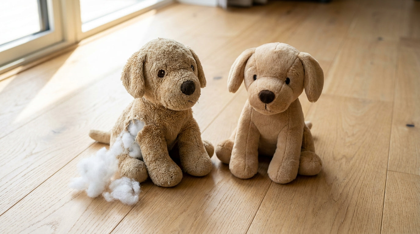 A torn plush dog toy with stuffing spilling from a split seam lying next to an identical undamaged plush toy on a wood floor
