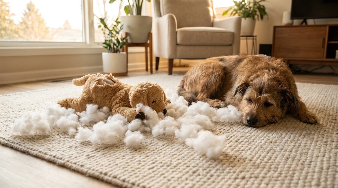 A brown dog lying on a light living room rug next to a torn plush toy with white stuffing scattered across the floor