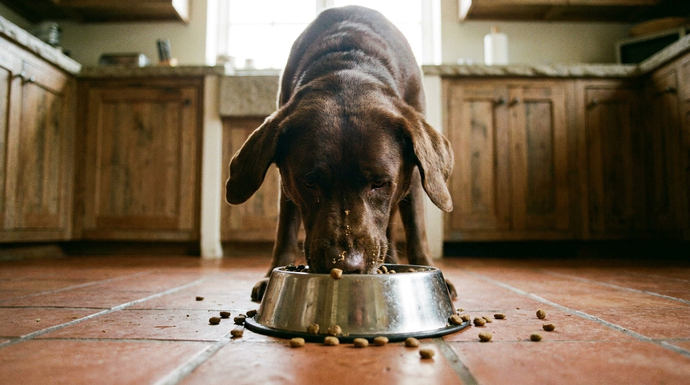 Brown Labrador retriever with its head deep in a metal food bowl and kibble scattered on the floor around it