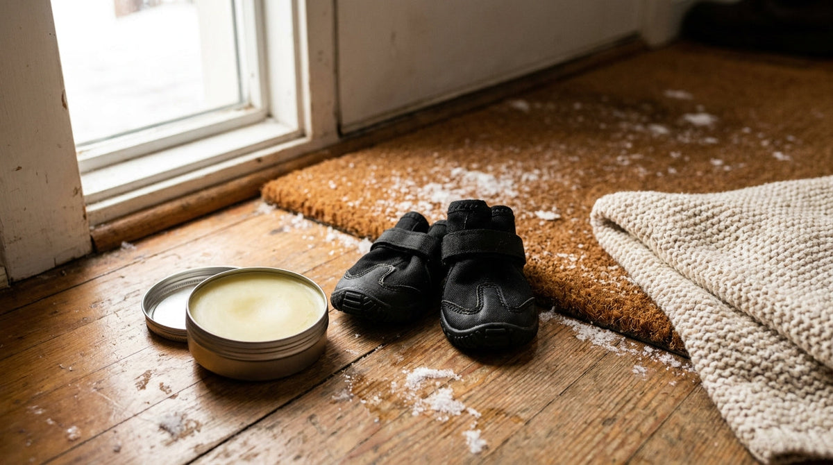 A tin of paw balm and a pair of small dog boots beside a snowy doormat and a folded towel at a front door