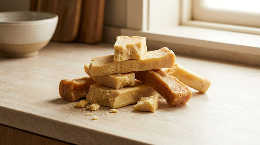 Several hard yak milk cheese chews stacked on a clean kitchen counter in warm natural light