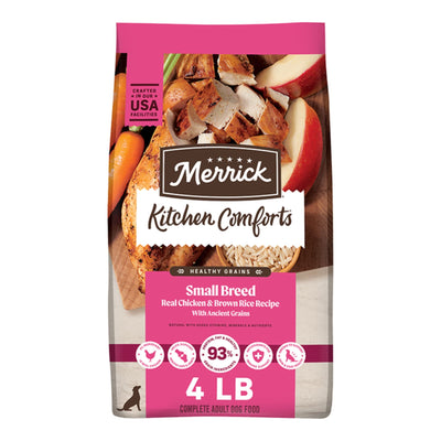 Merrick Kitchen Comforts Small Breed dog food bag, 4 lbs, with chicken, apples, carrots, and rice visible.