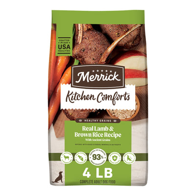 Merrick Kitchen Comforts dog food bag, Real Lamb & Brown Rice recipe, showing lamb chops, carrots, apples, and rice.