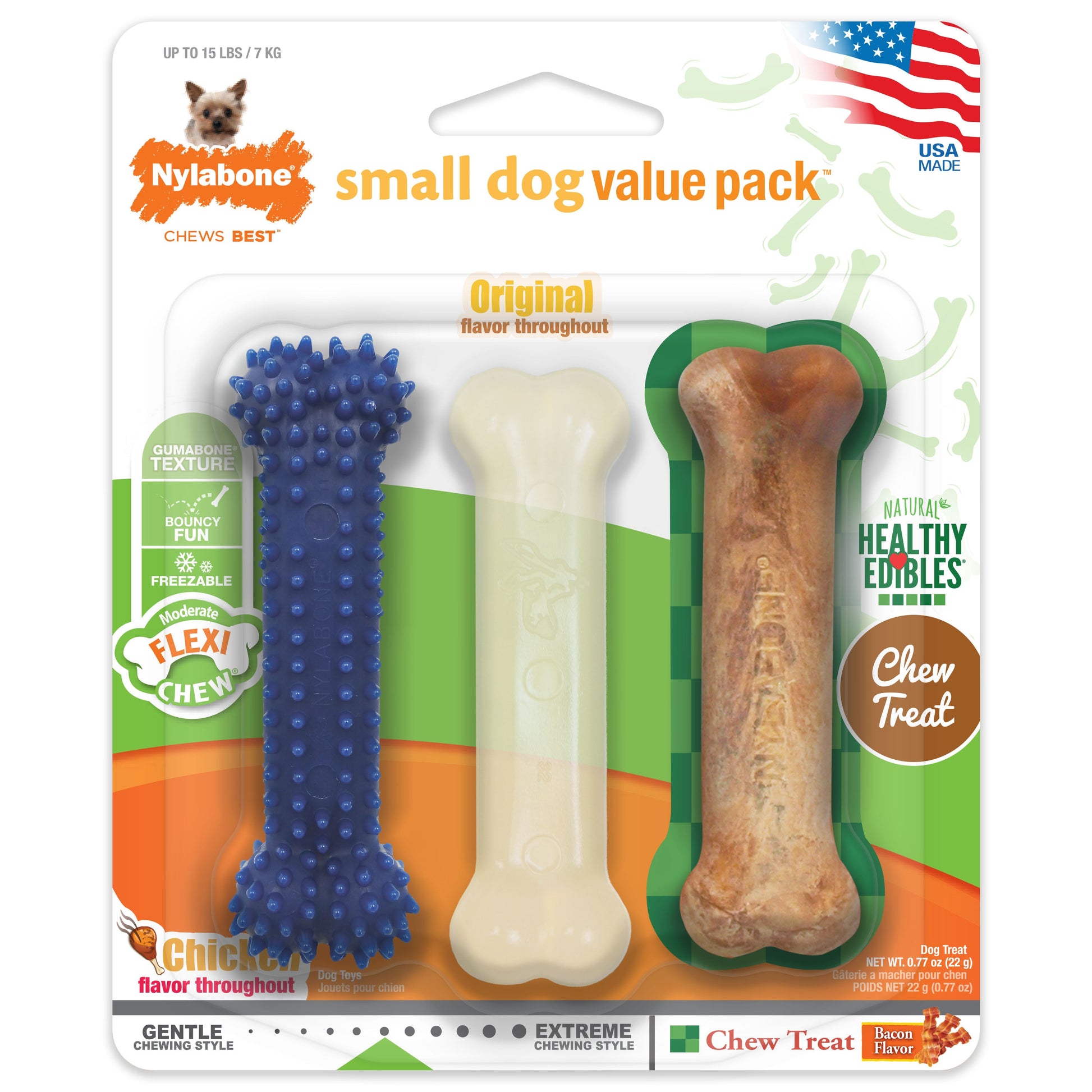 Nylabone Healthy Edibles and Flexi Dog Chew Value Pack Chicken Bacon