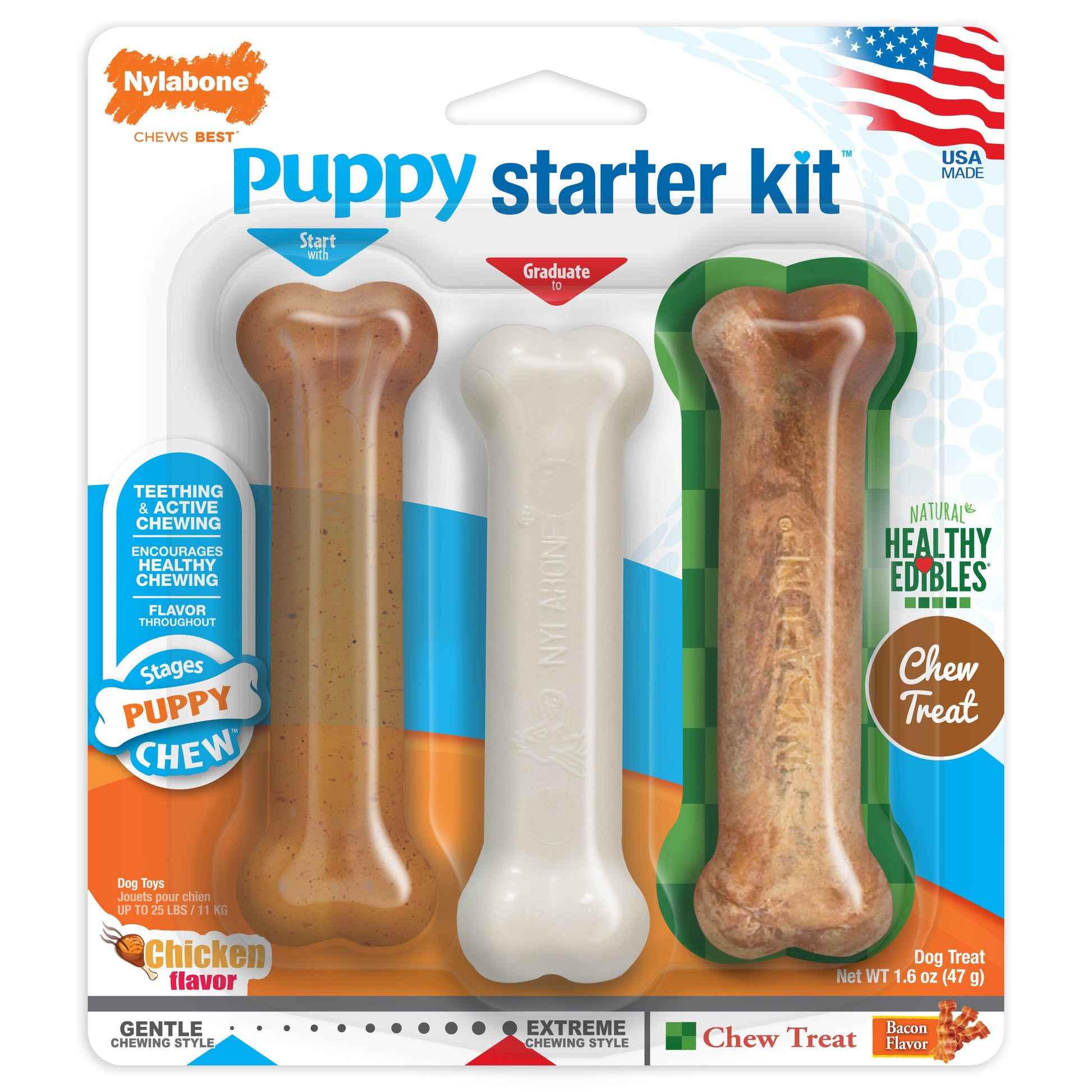 Nylabone Puppy Starter Kit Dog Chew Toys Dog Treat Chicken Bacon