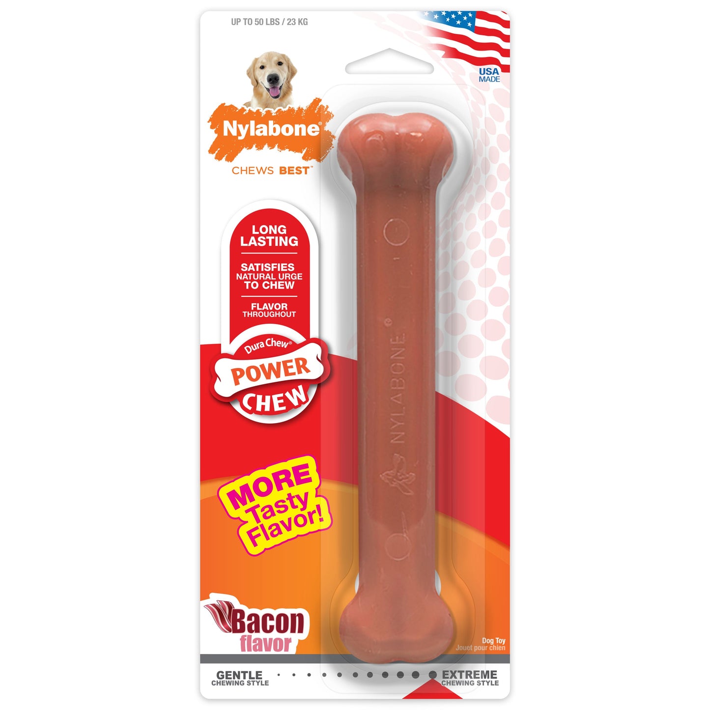 Nylabone Power Chew Dog Toy Bacon, Large/Giant up to, 50 lb 1 ct