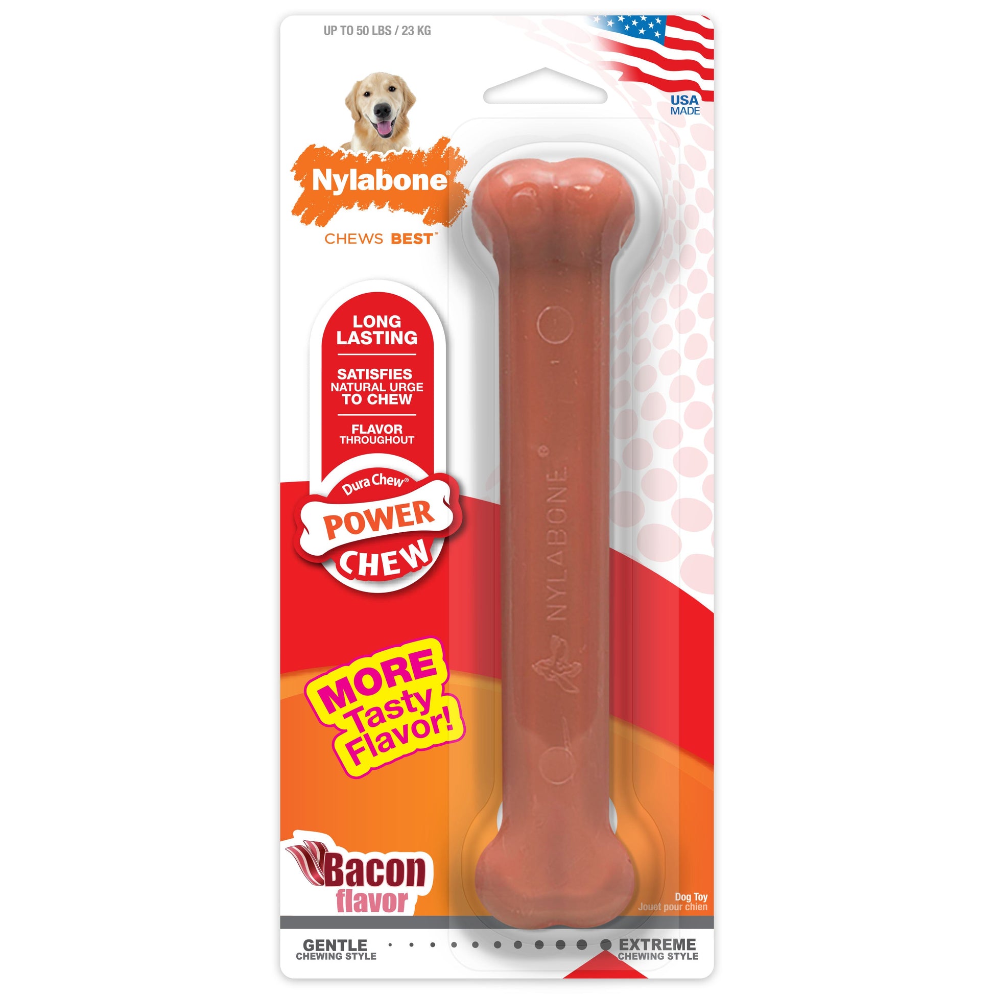 Nylabone Power Chew Dog Toy Bacon, Large/Giant up to, 50 lb 1 ct