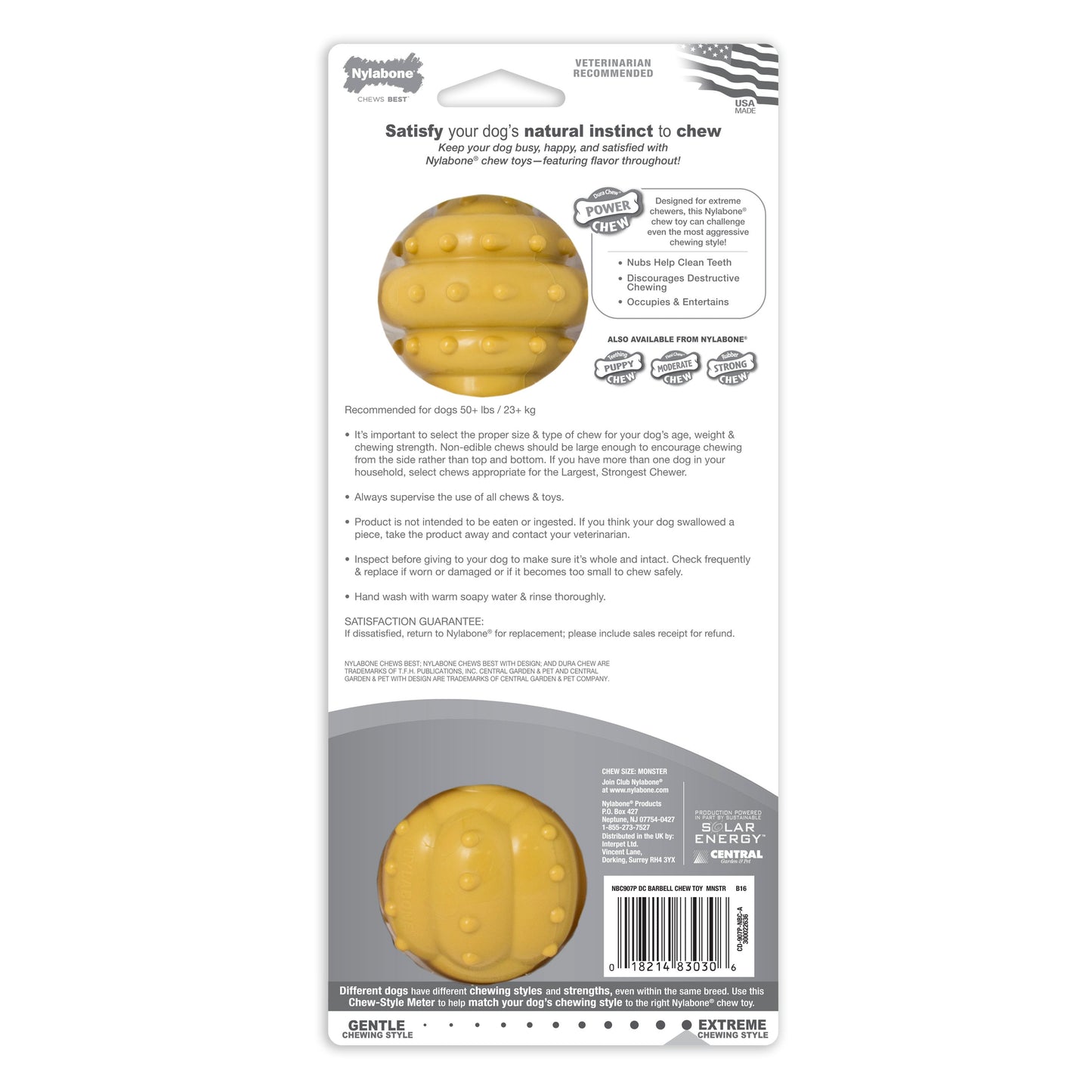 Nylabone Barbell Power Chew Durable Dog Toy Peanut Butter, 50 lb 1 ct, view 7