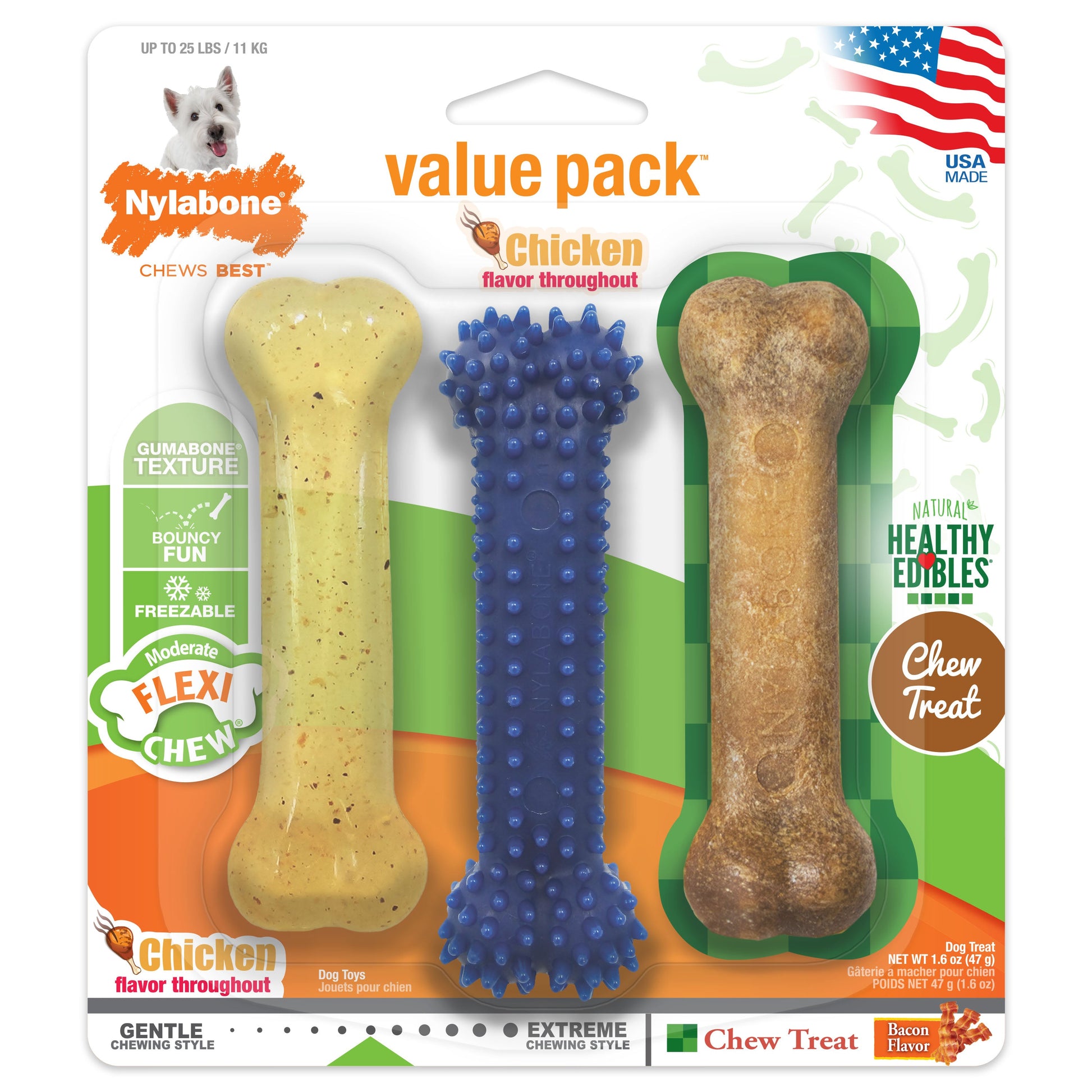 Nylabone Healthy Edibles and Flexi Dog Chew Value Pack Chicken Bacon