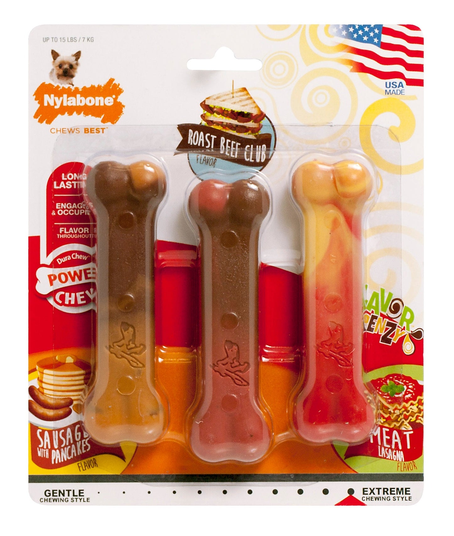 Nylabone Flavor Frenzy Power Dog Chew Triple Pack Pancakes Sausage