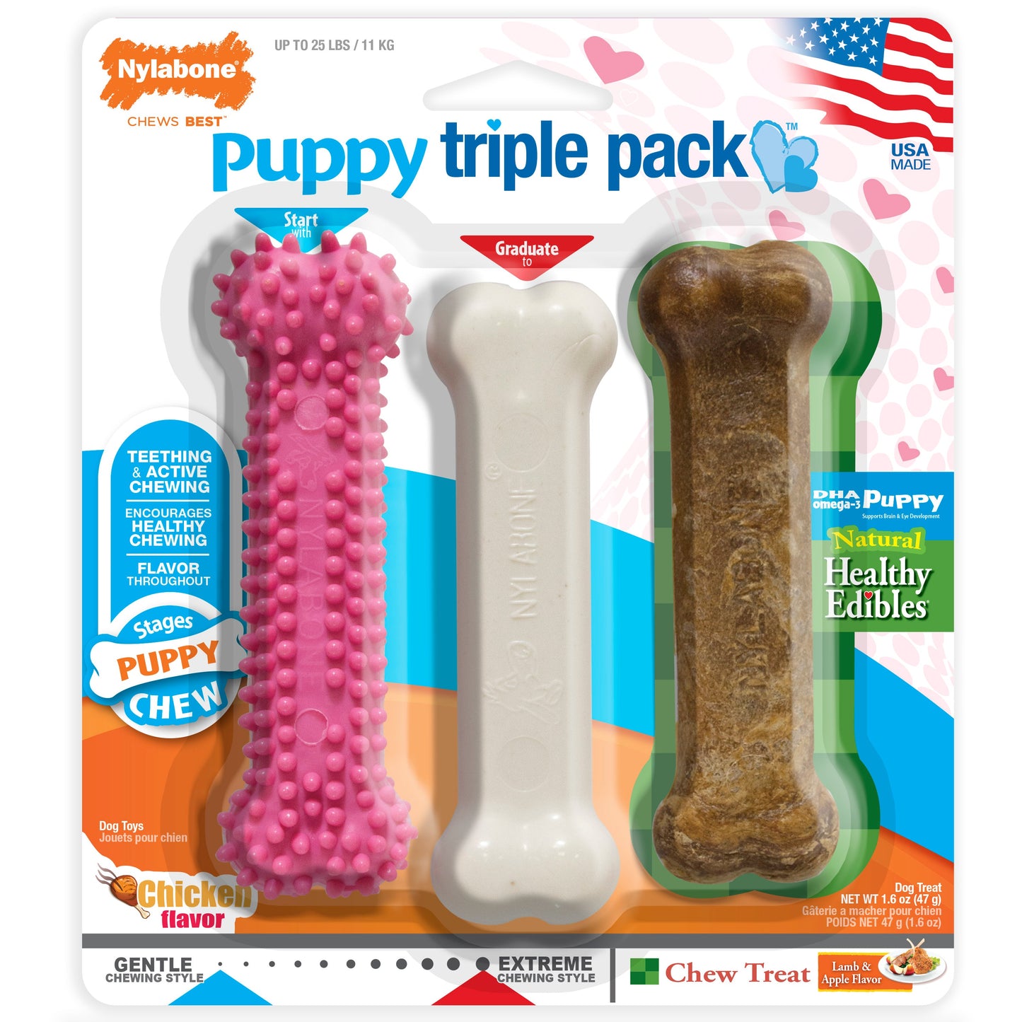 Nylabone Puppy Chew Variety Dog Toy Treat Triple Pack Chicken Lamb