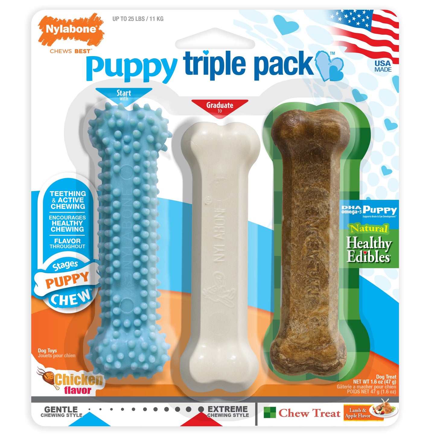 Nylabone Puppy Chew Variety Dog Toy Treat Triple Pack 3 ct