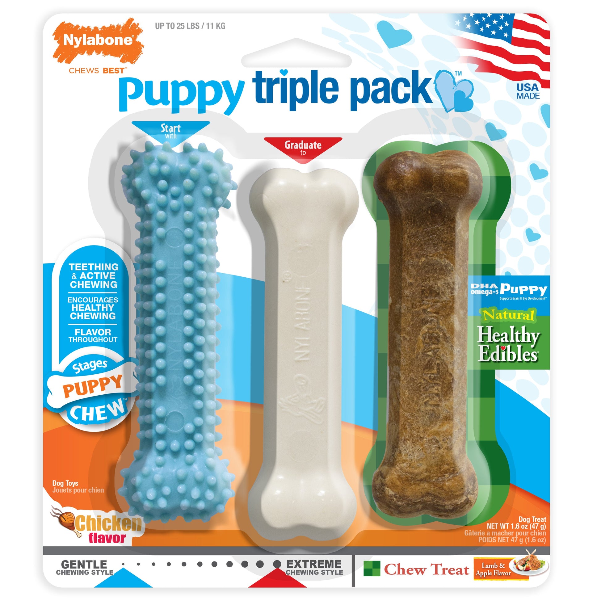 Nylabone Puppy Chew Variety Dog Toy Treat Triple Pack 3 ct