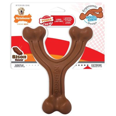 Nylabone Ergonomic Hold Chew Wishbone Power Chew Durable Dog Toy Bison, Large/Giant up to 50 lb - Pets Perfect