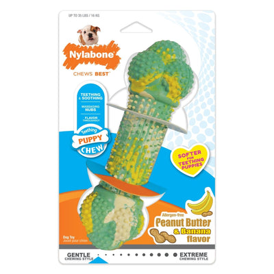Nylabone Just for Puppies Double Action Bone Puppy Dog Teething Chew Dog Toy Peanut Butter Banana, Medium/Wolf up to 35 lb 1 ct - Pets Perfect