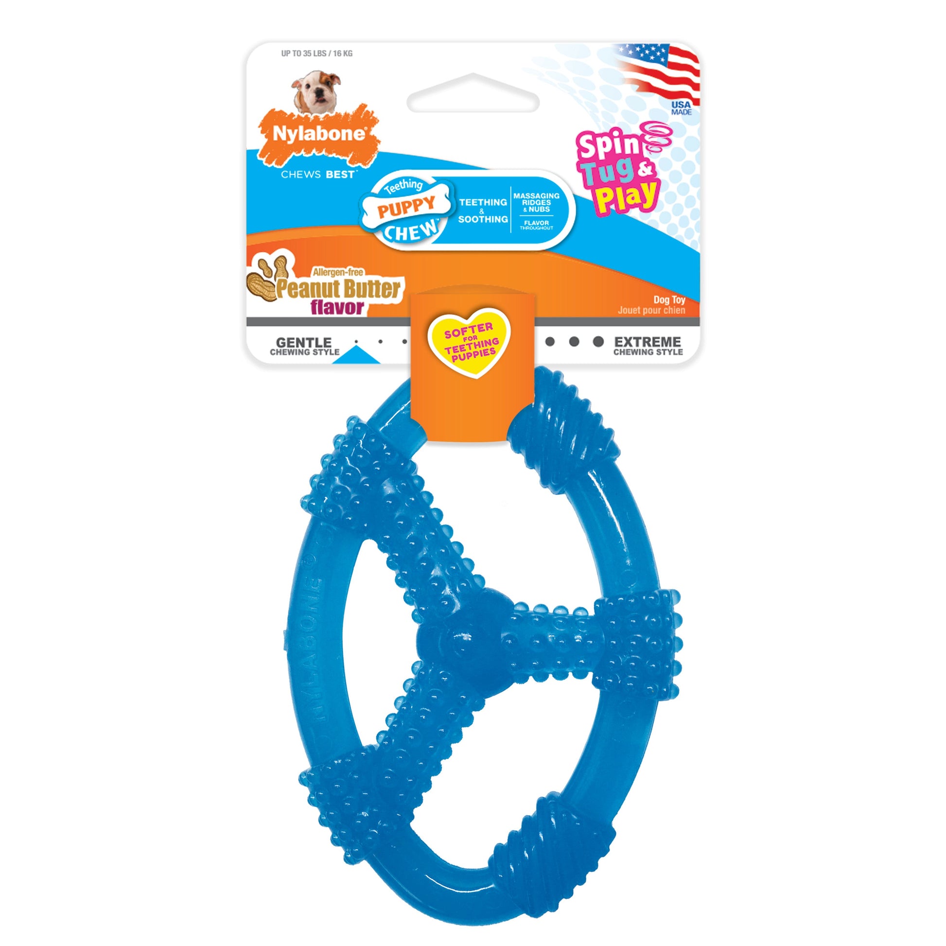 Nylabone Puppy Chew Spin Tug Play Dog Toy Peanut Butter, Blue