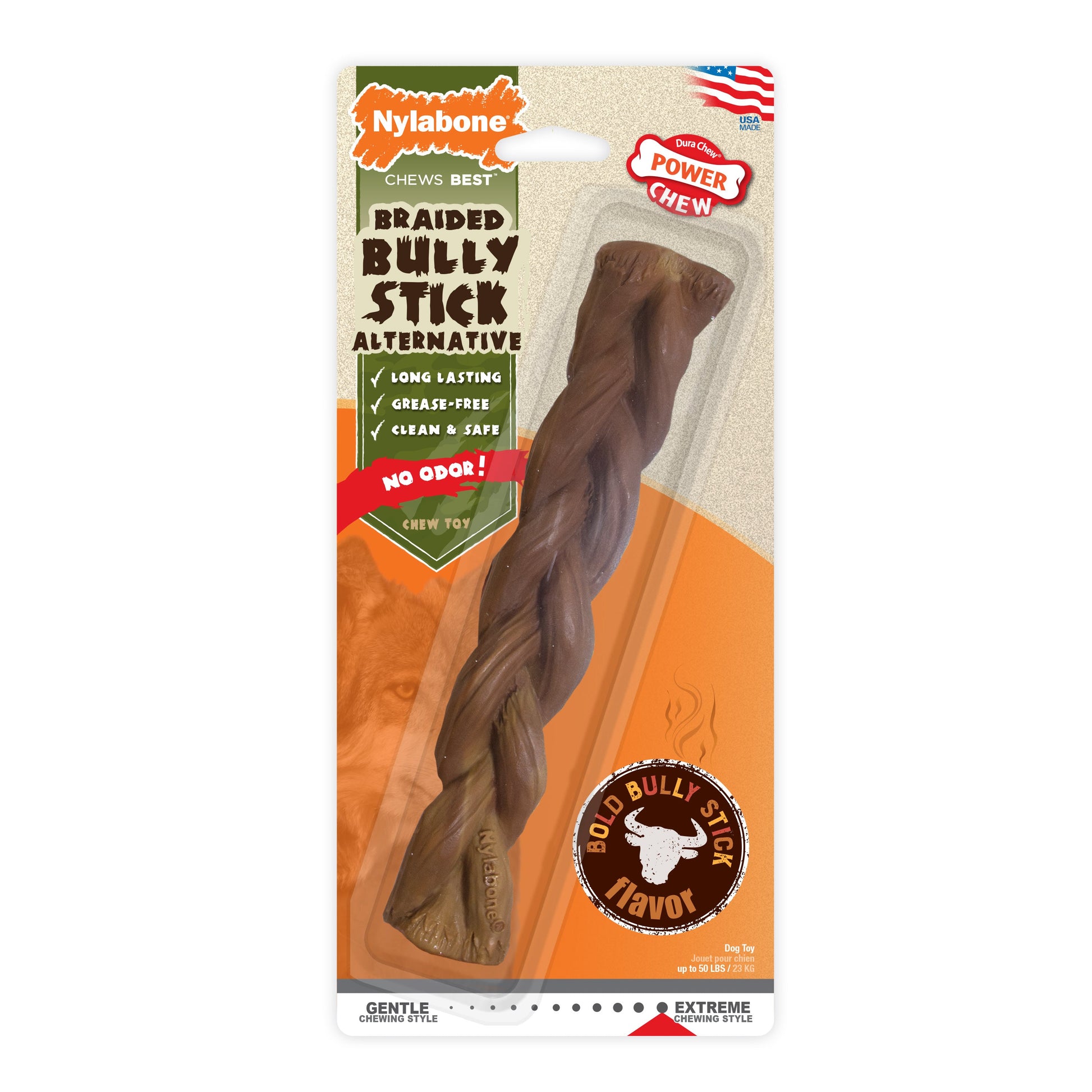 Nylabone Power Chew Braided Bully Stick Alternative Chew Dog Toy Beef