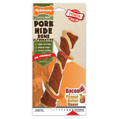 Nylabone Power Chew Pork Hide Alternative Dog Chew Toy Bacon & Peanut Butter Large/Giant - up to 50 lb - Pets Perfect