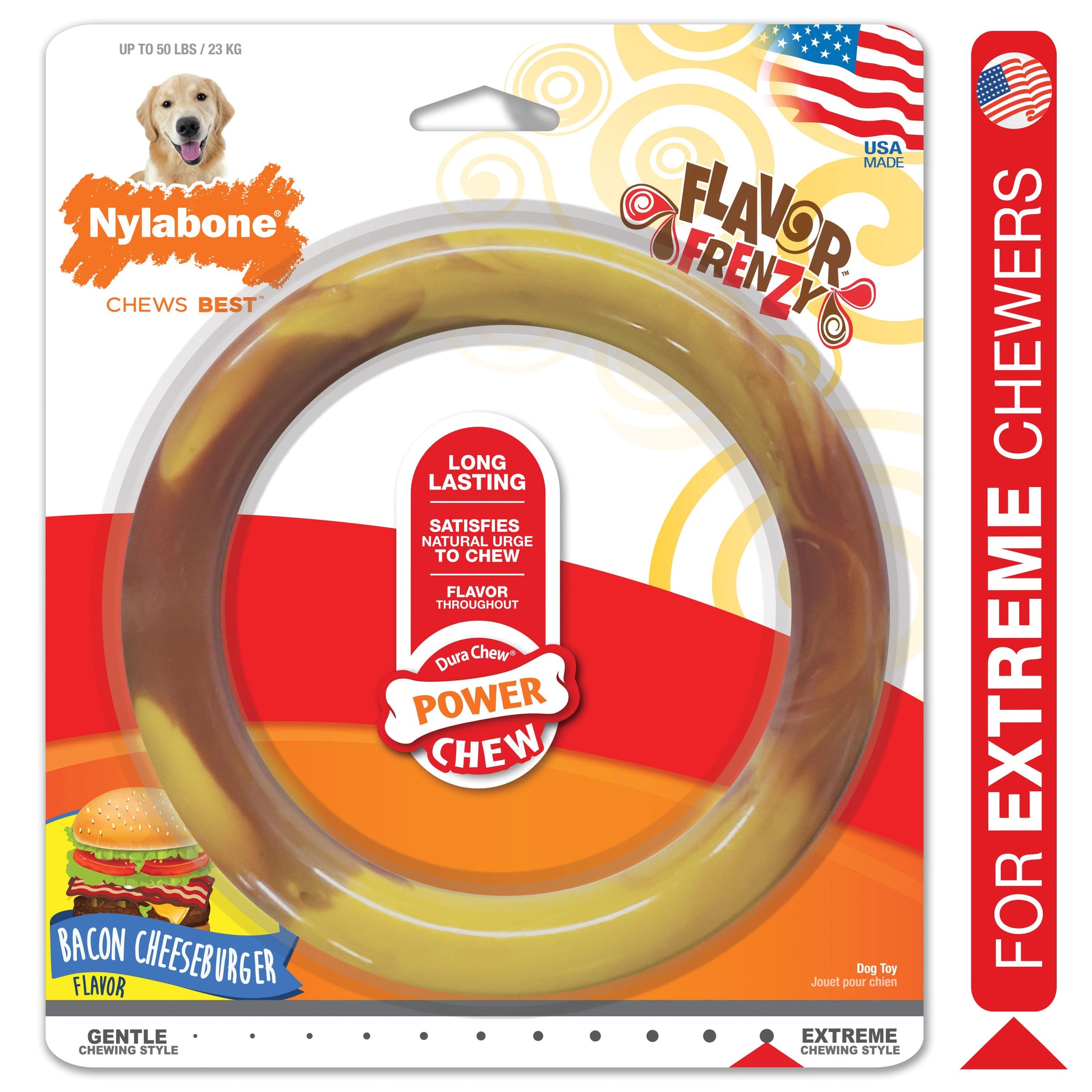 Nylabone Power Chew Flavor Frenzy Ring Dog Chew Toy Bacon Cheeseburger, view 10