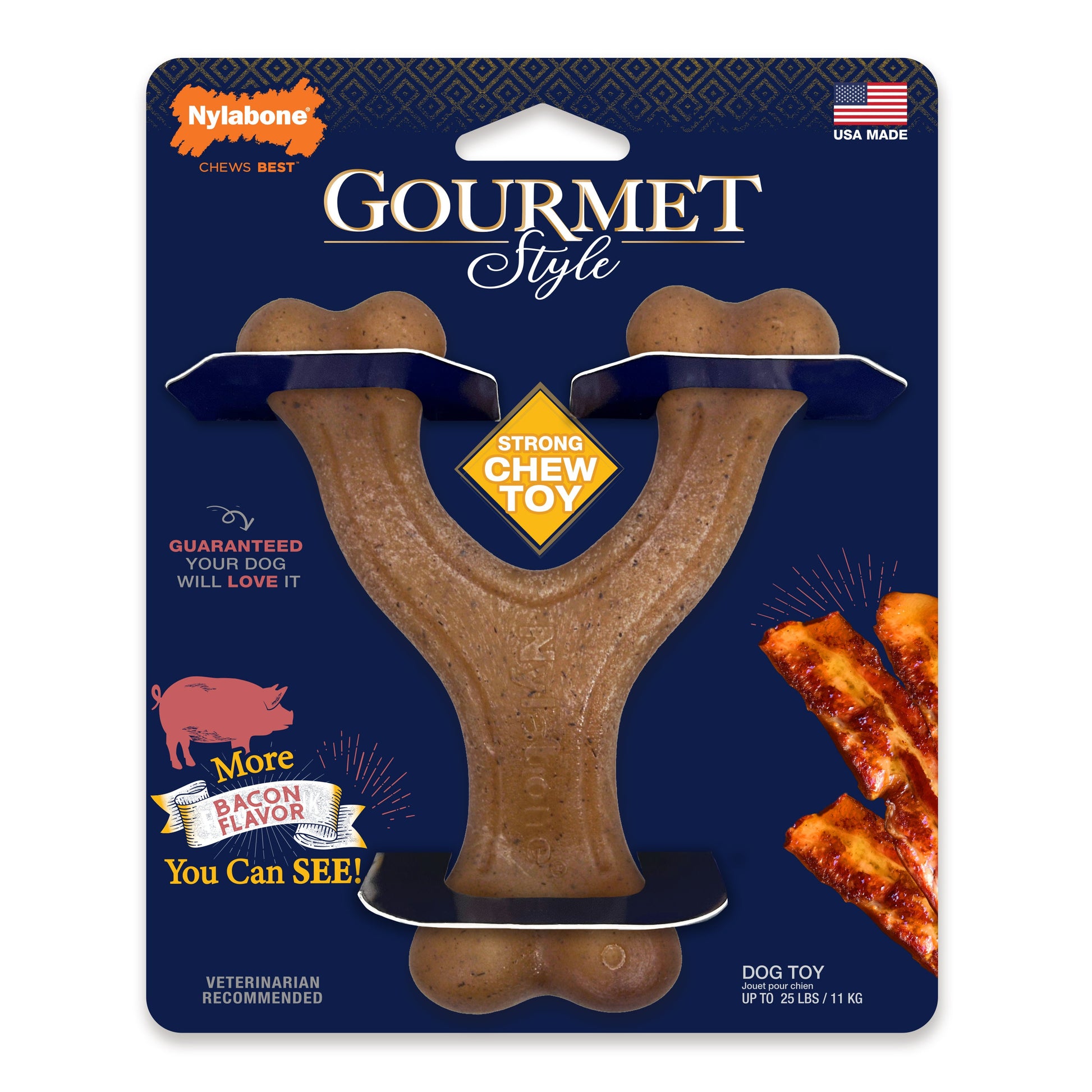 Nylabone Gourmet Style Strong Chew Wishbone Dog Chew Toy Bacon