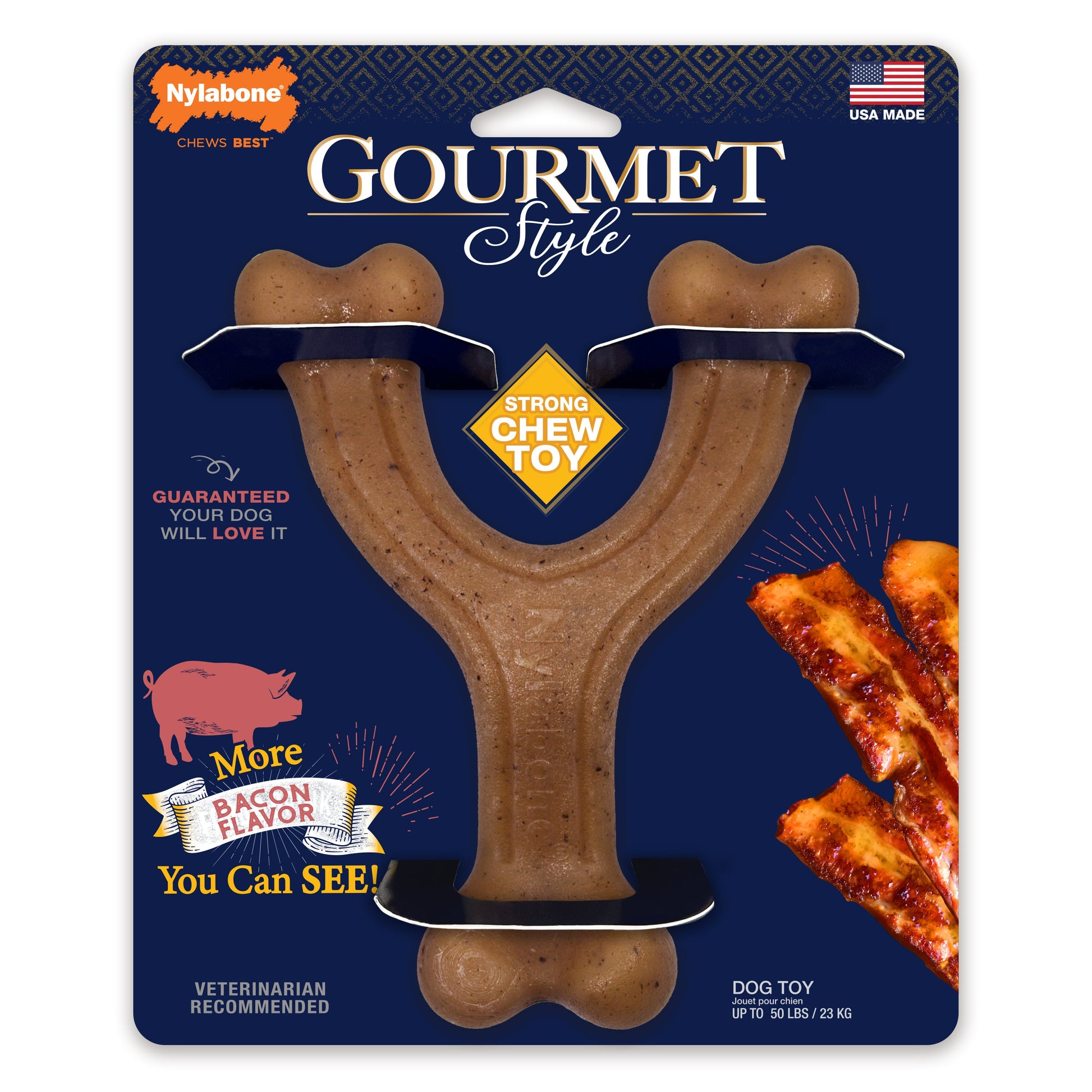 Nylabone Gourmet Style Strong Chew Wishbone Dog Chew Toy Bacon